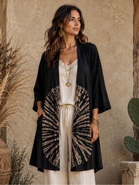Kathmandu Imports Tie-Dye Black Open Front Cotton Duster Cardigan